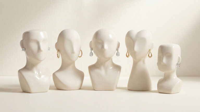 Five mannequin busts wearing different diamond earring styles for face shape comparison.