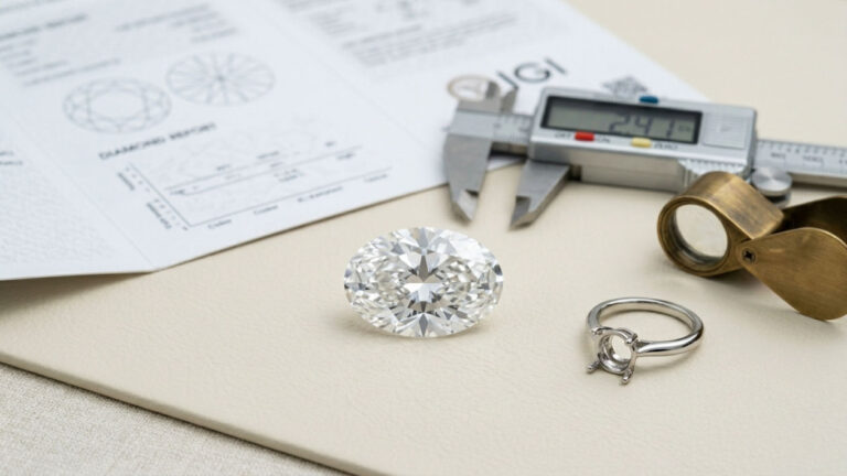An oval diamond with digital calipers, a grading report and a loupe on a workbench.