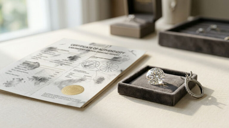A diamond grading certificate beside a loose diamond and a ring in a presentation box.