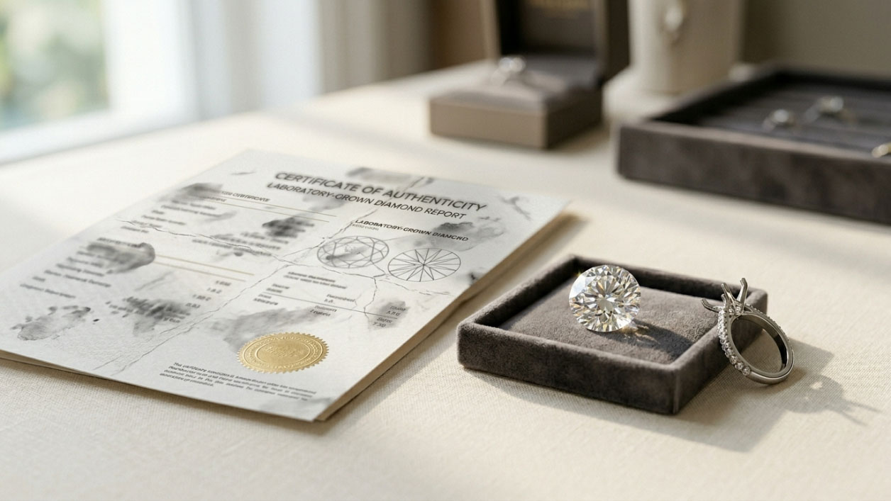 Lab grown diamond certificate with loose diamond and ring setting.
