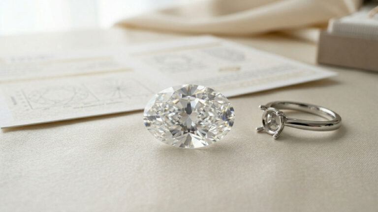 A large oval diamond beside a grading report and an empty solitaire ring setting.