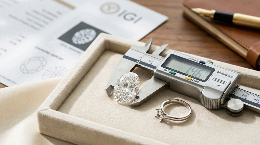 An oval diamond measured with digital calipers beside an IGI report and a ring setting.