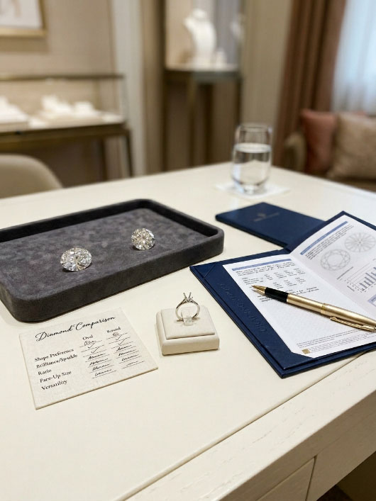 Buying checklist for choosing between oval and round lab grown diamonds.