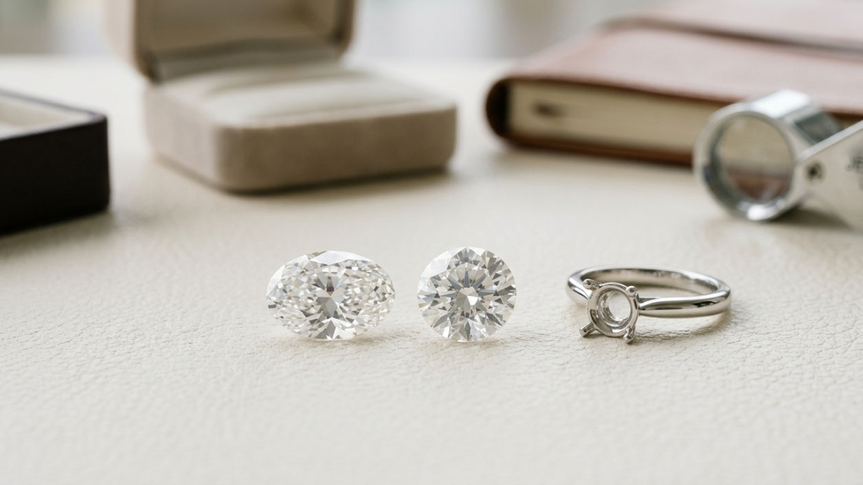 Oval and round lab grown diamonds compared beside an engagement ring setting.