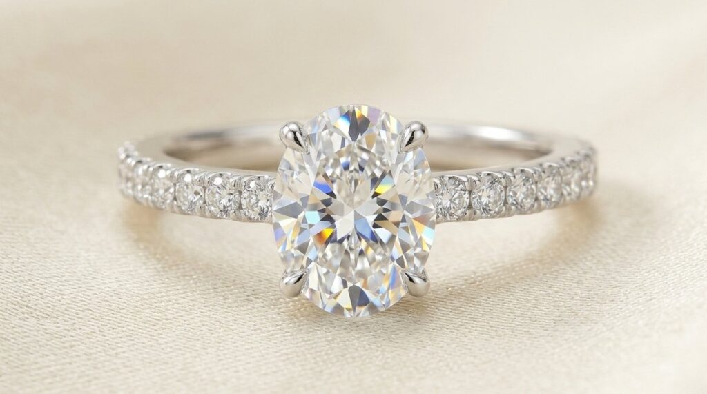 An oval diamond engagement ring with a pavé set diamond band.