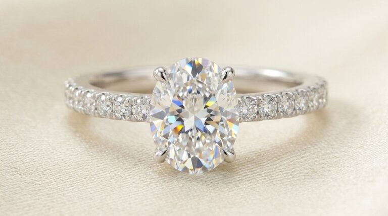 An oval diamond engagement ring with a pavé set diamond band.