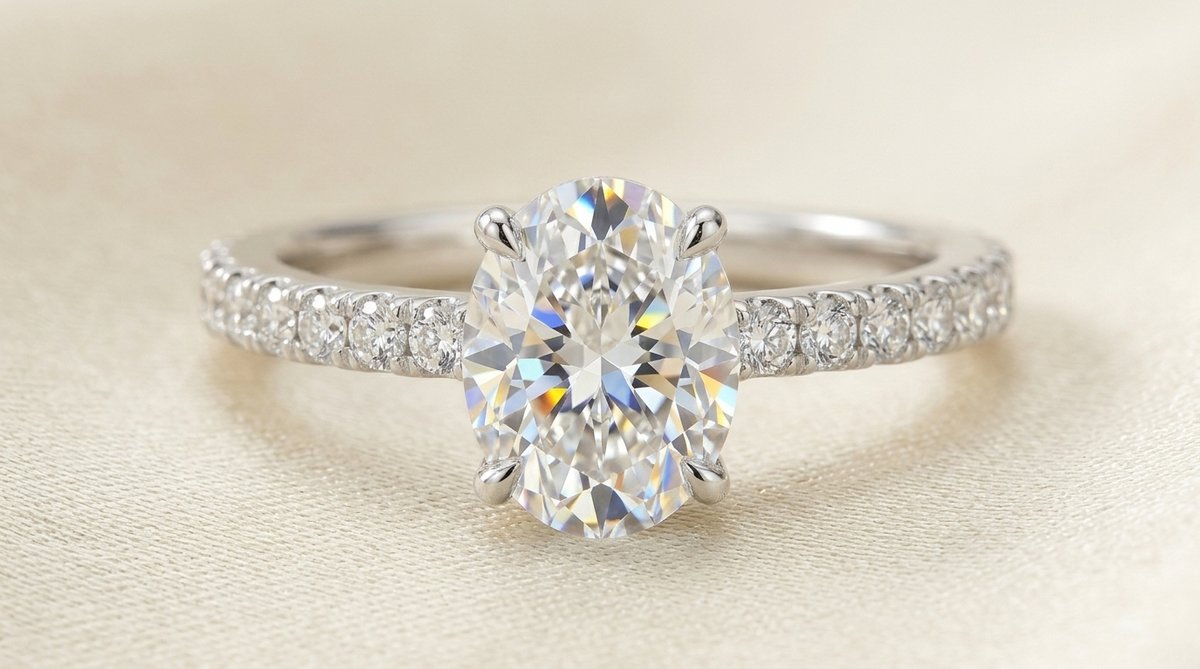 Pavé set engagement ring with diamond-covered band and oval center stone.
