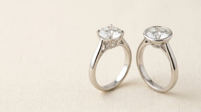 A prong set diamond ring and a bezel set diamond ring side by side.