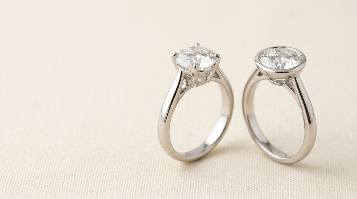 Comparison between a prong setting and a bezel setting engagement ring.