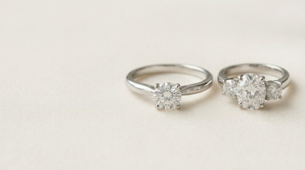A solitaire diamond ring beside a three-stone diamond ring on a pale surface.