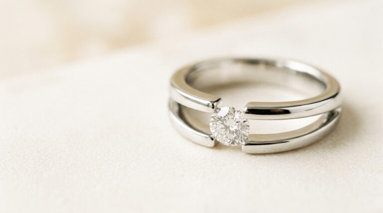 A tension setting ring holding a diamond suspended between two open band ends.