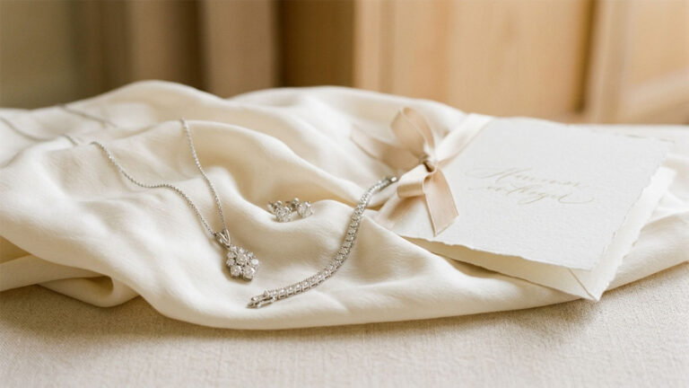 A diamond necklace and bracelet on soft white fabric beside a gift card.