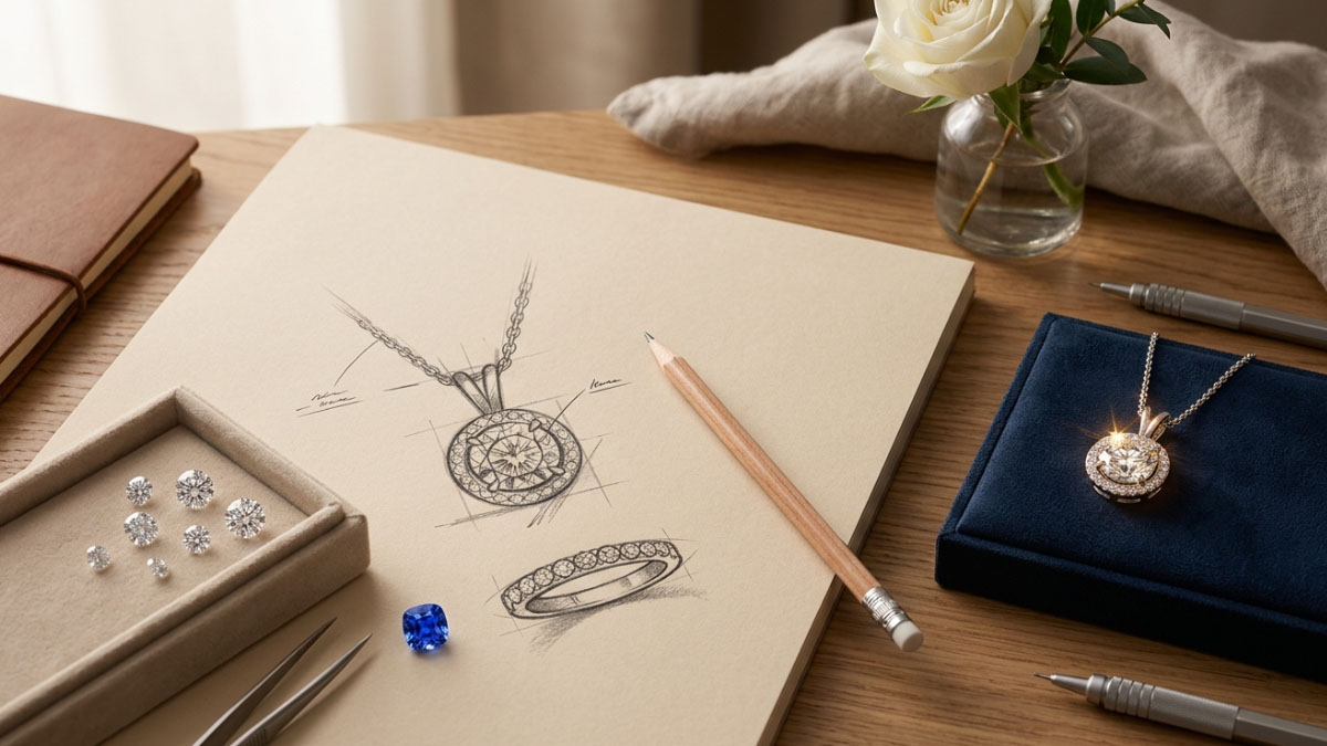 Custom anniversary diamond jewelry design with sketches diamonds and finished jewelry