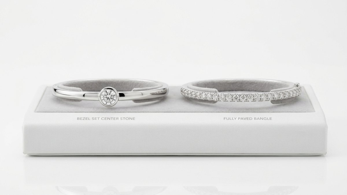 Lab-grown diamond bangle bracelet comparison showing center stone and fully paved designs