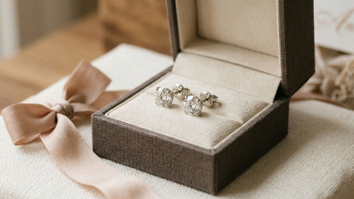 Diamond earrings presented as a classic anniversary jewelry gift