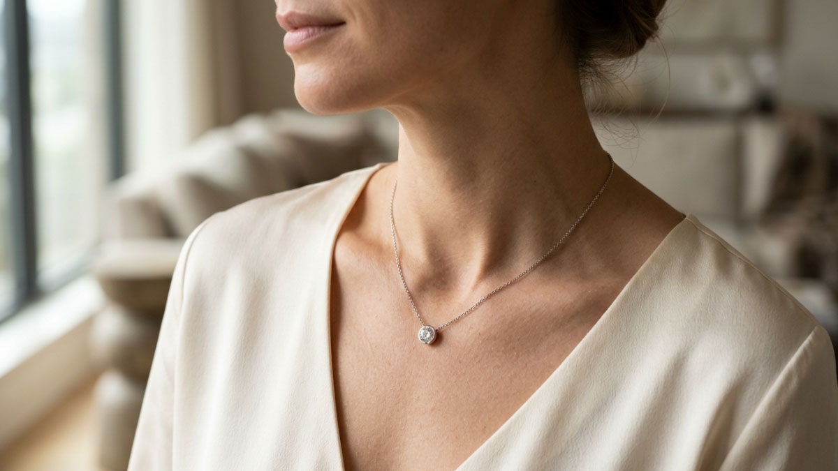 Diamond necklace worn near the collarbone as an anniversary gift