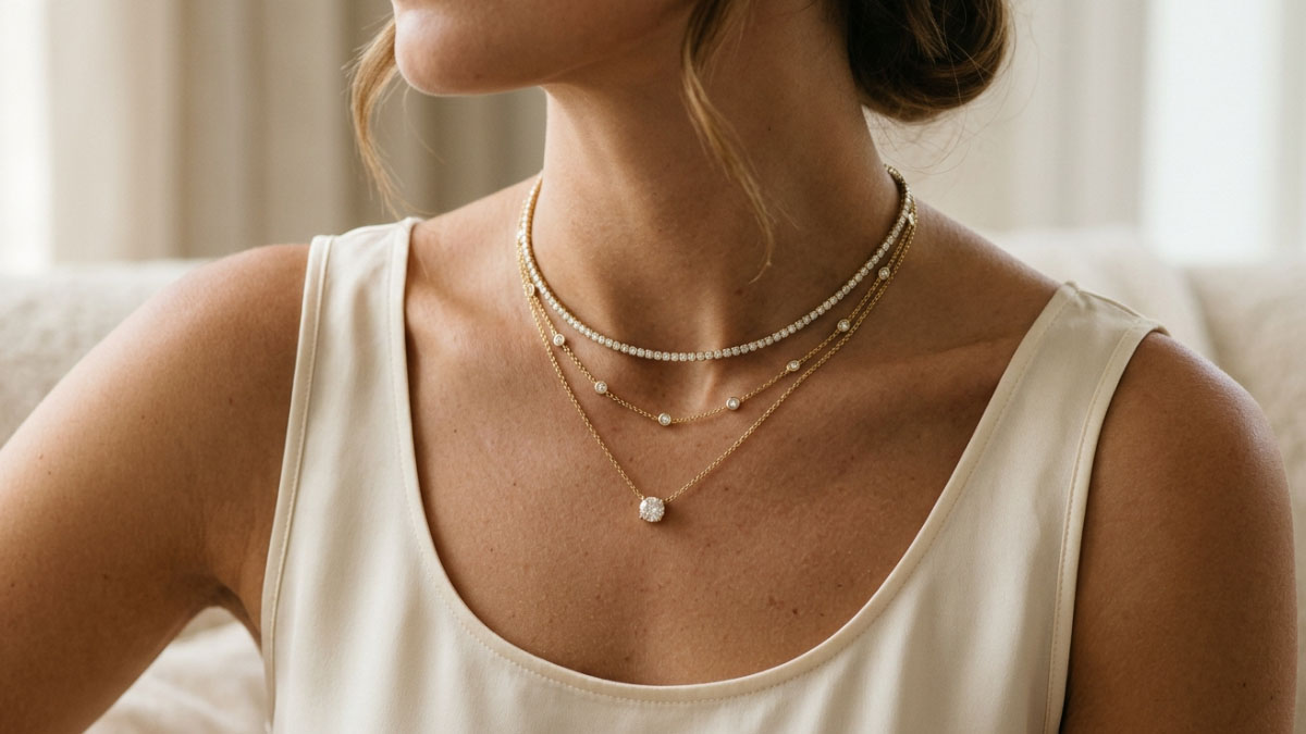 Diamond necklace chain length guide with layered lab-grown diamond necklaces