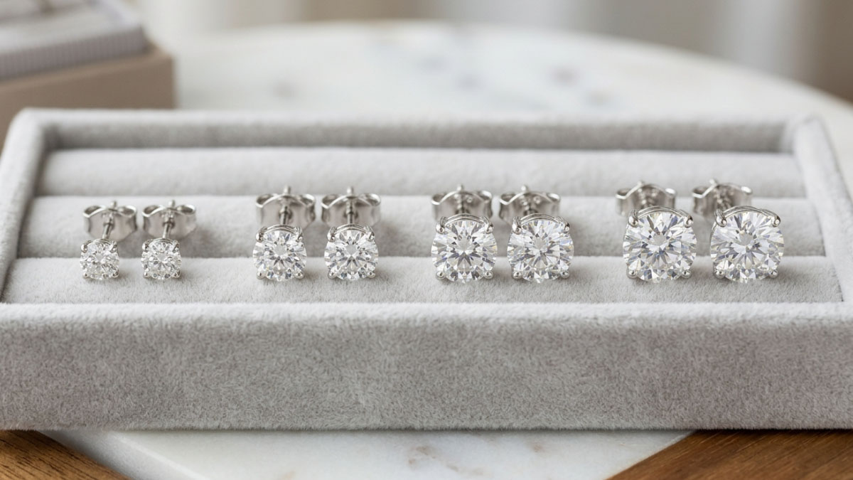 Lab-grown diamond stud earrings carat size comparison from small to large