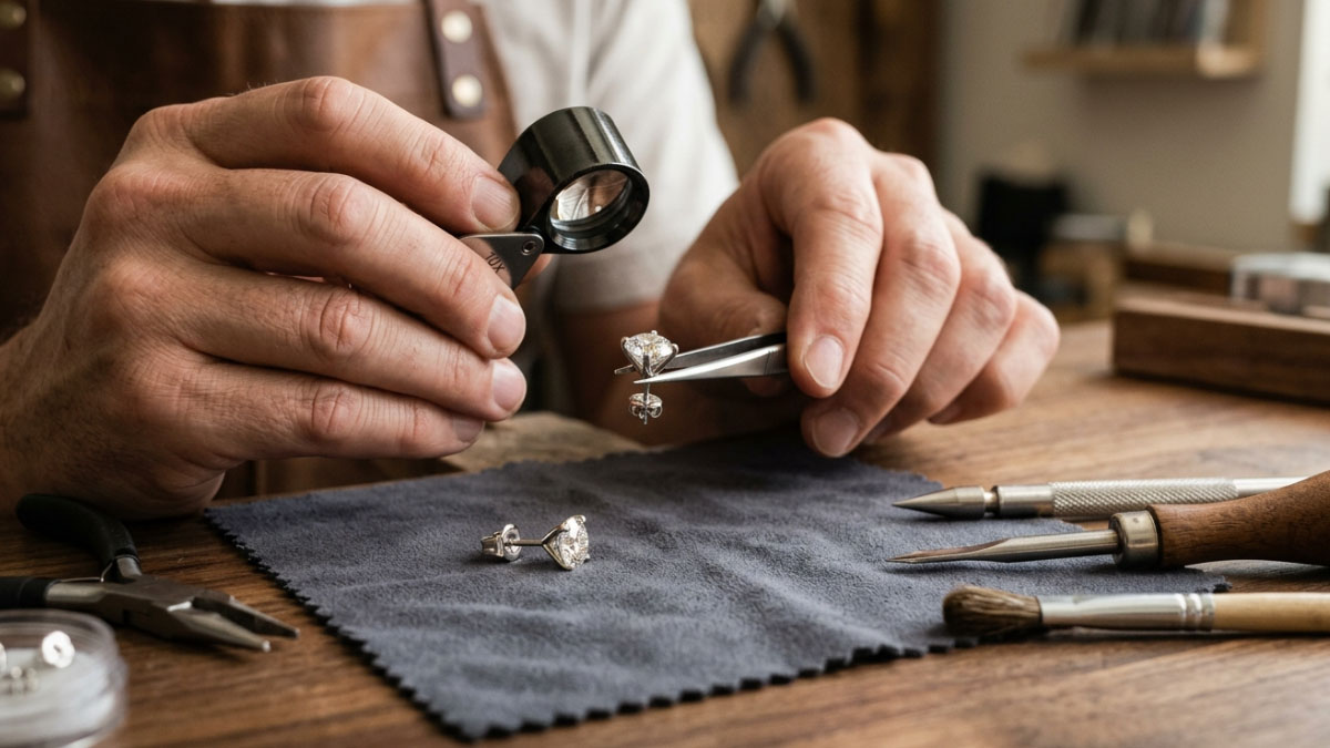 Lab-grown diamond stud earrings craftsmanship check with prongs alignment and earring backs