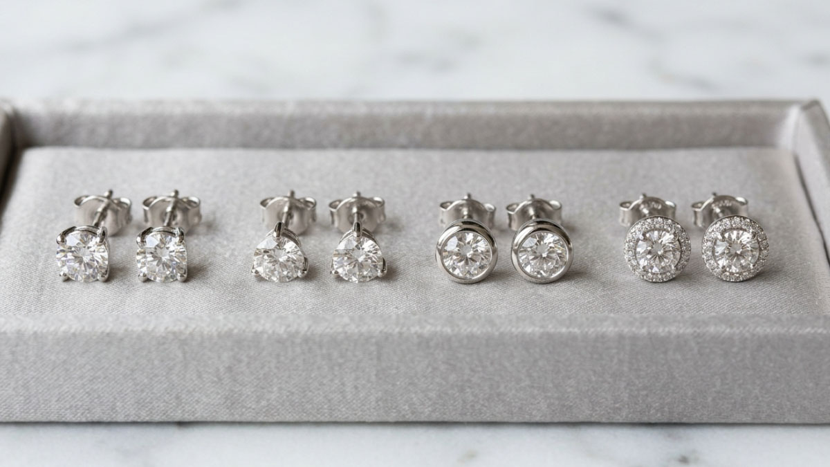 Lab-grown diamond stud earrings setting comparison with 4-prong martini bezel and halo styles