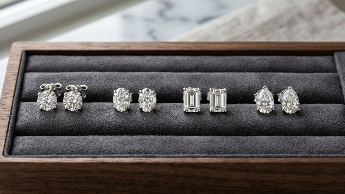 Lab-grown diamond stud earrings shape comparison with round oval emerald and pear shapes