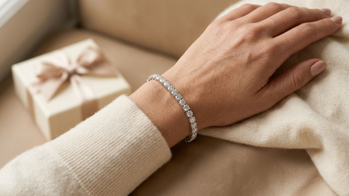 Diamond tennis bracelet worn on wrist as a meaningful anniversary gift