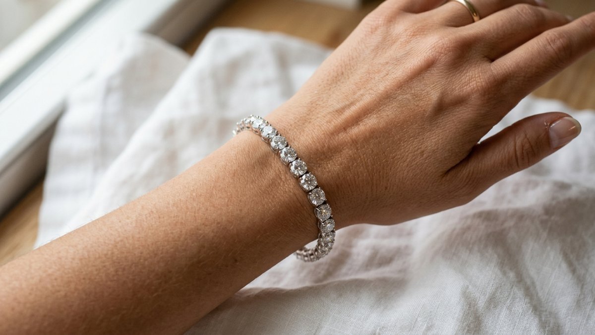 Lab-grown diamond tennis bracelet worn on wrist showing bright sparkle and elegant fit