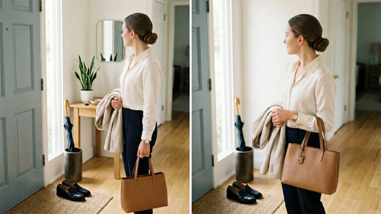 A woman in a white blouse and tailored trousers leaving for work with a handbag.