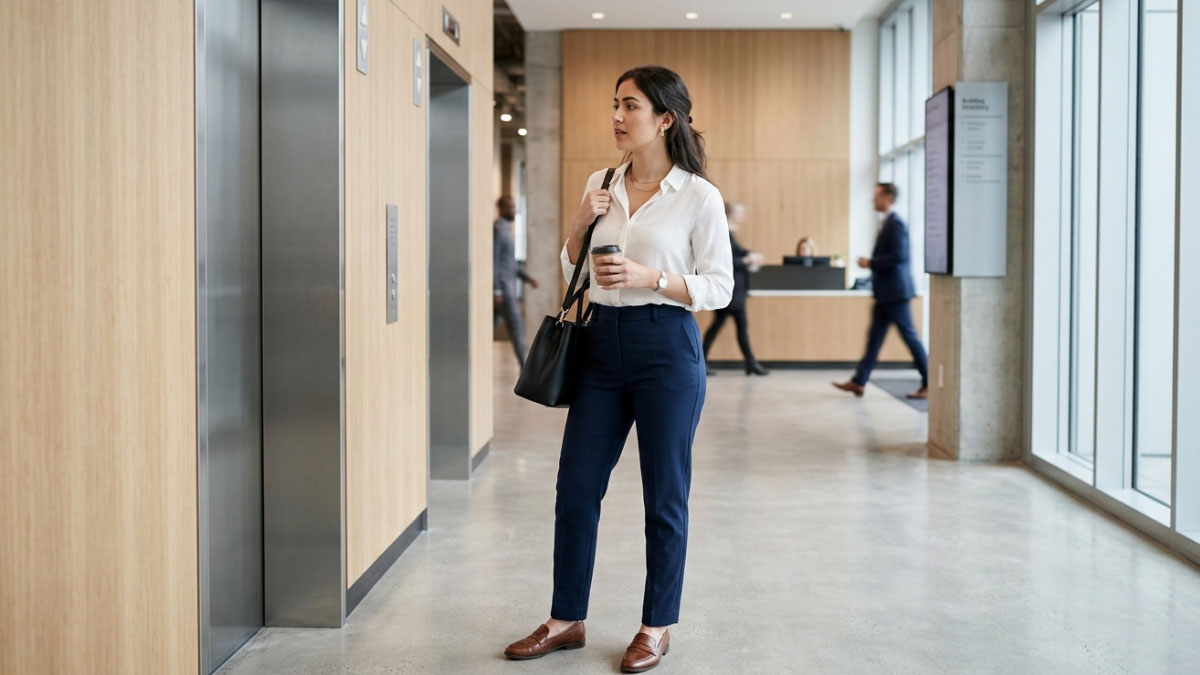 Young professional arriving at an office building on the first workday