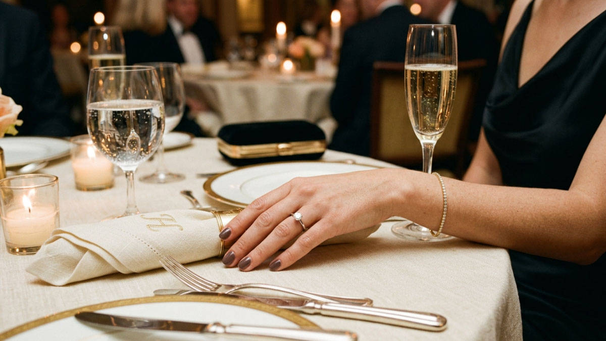 Subtle bracelet or ring worn at a formal dinner table