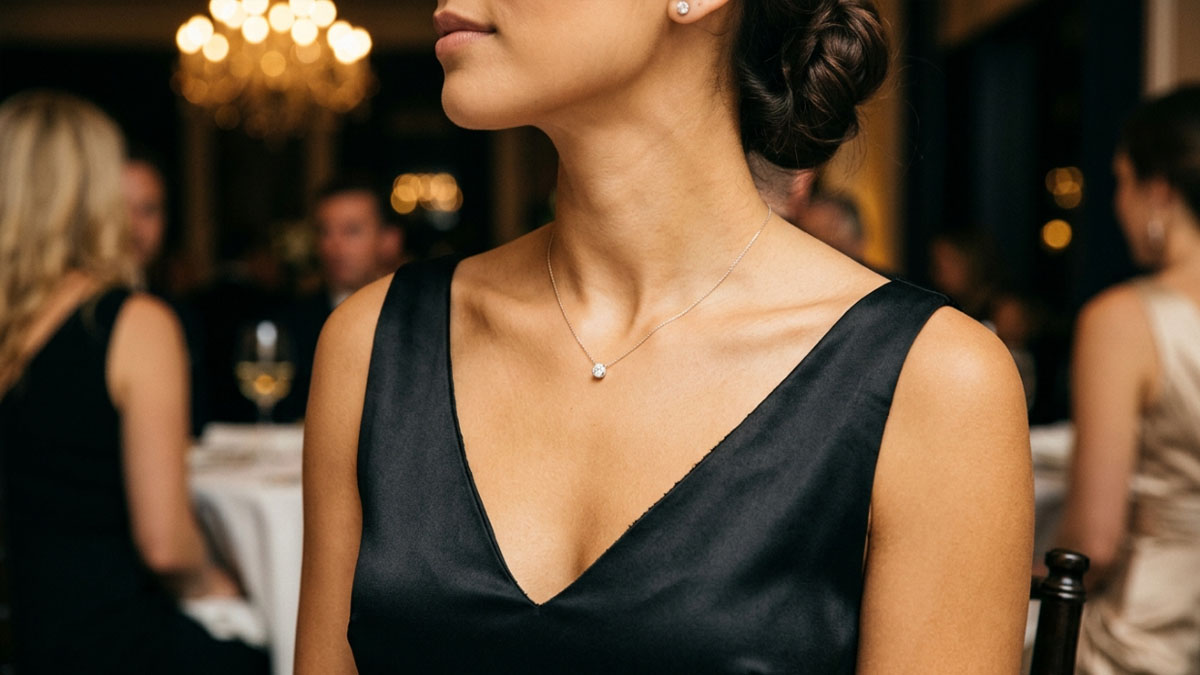 Formal dinner neckline with subtle diamond necklace detail
