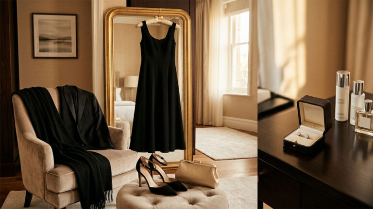 A black evening dress, heels and jewellery laid out in a dressing room.