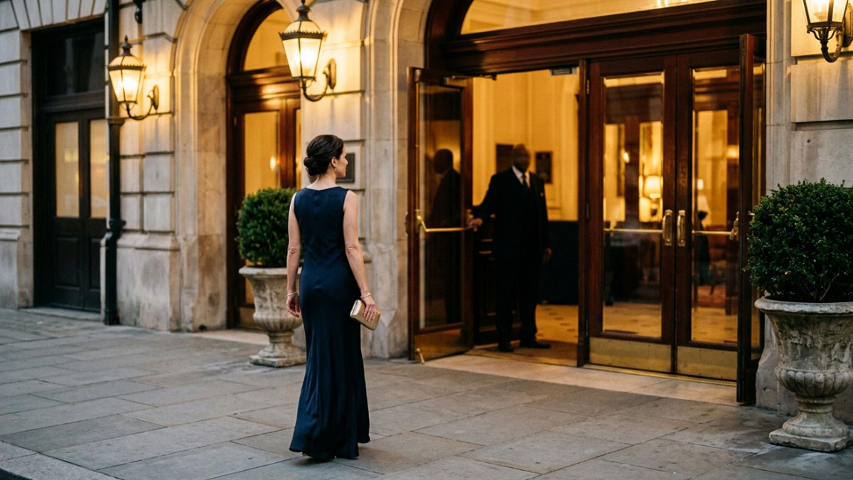 Adult guest arriving at an elegant formal evening venue