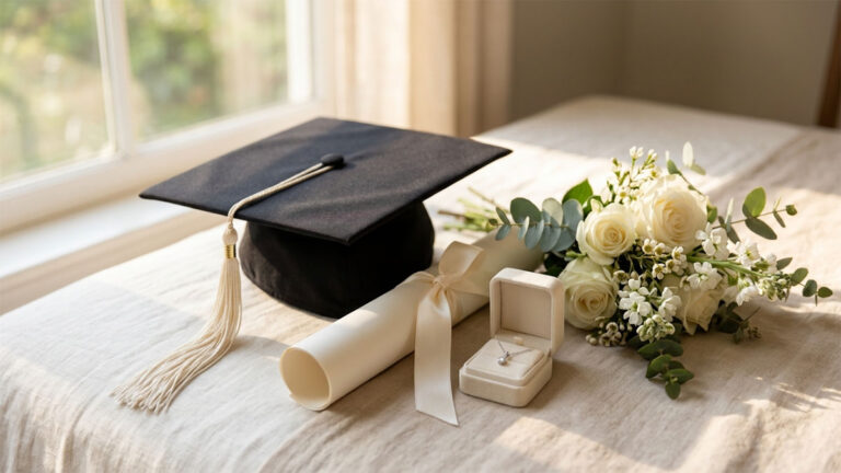 A graduation cap, diploma and flowers beside an open jewellery gift box.