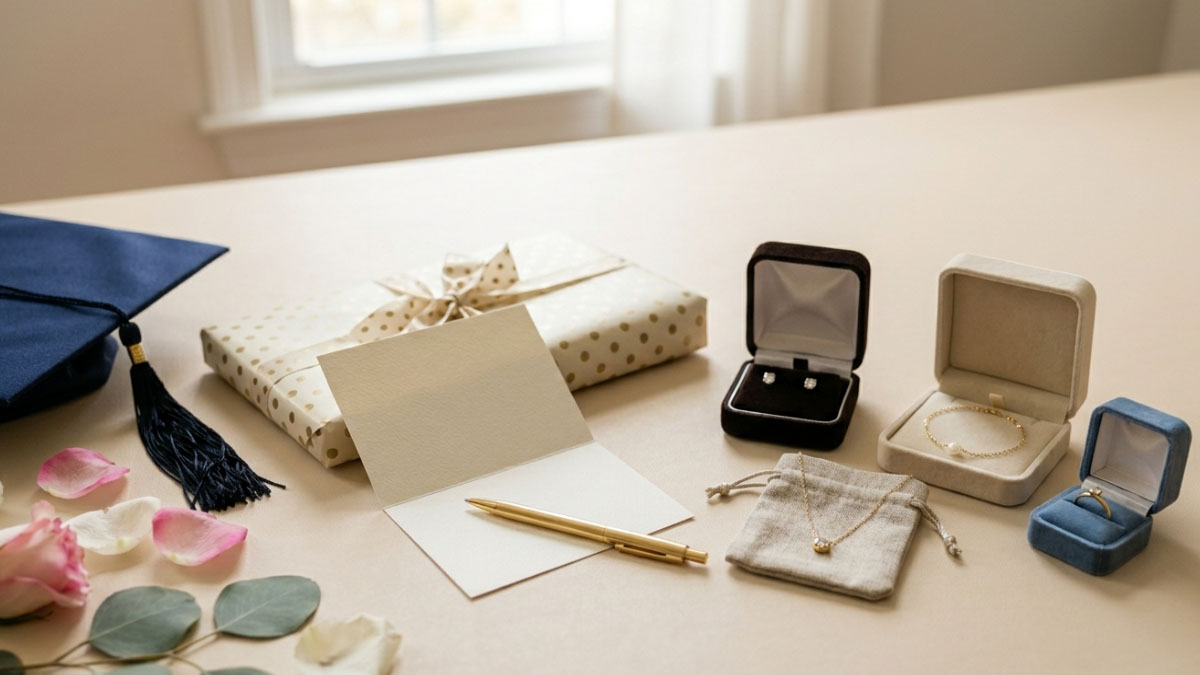 Graduation jewelry gift options with earrings necklace bracelet and ring