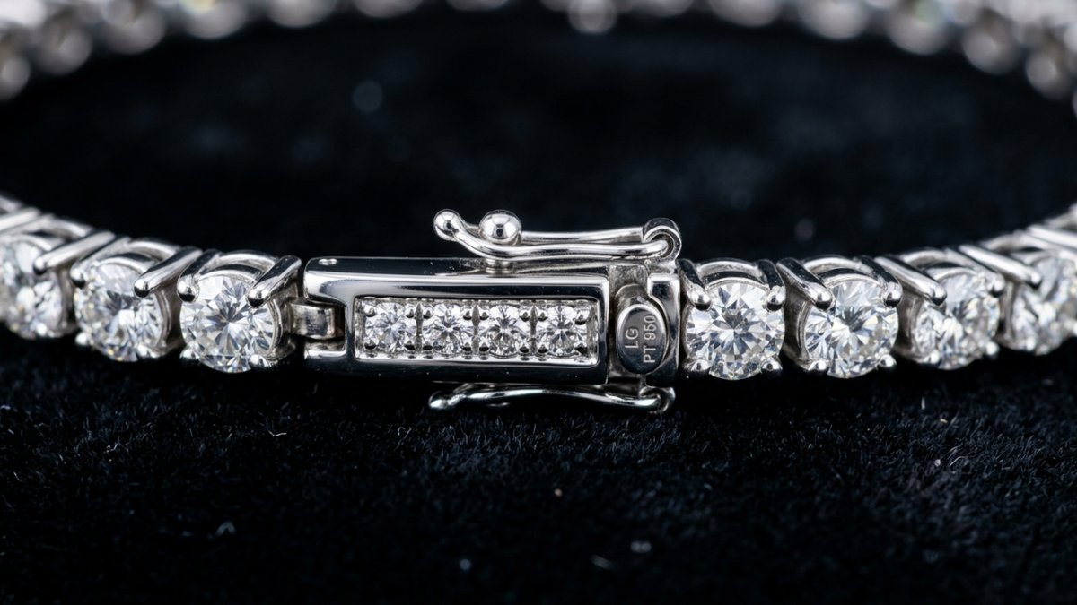 Lab-grown diamond bracelet clasp and link construction detail showing polishing and setting quality