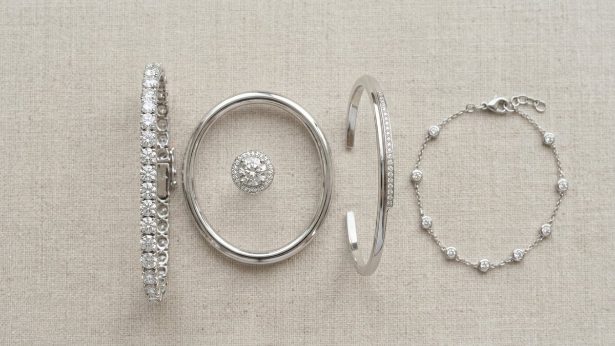 Four lab-grown diamond bracelet styles compared: tennis bangle cuff and chain bracelet designs