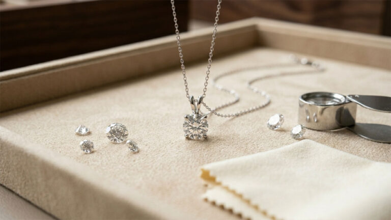 A diamond pendant necklace with stud earrings and loose stones on a jewellery tray.