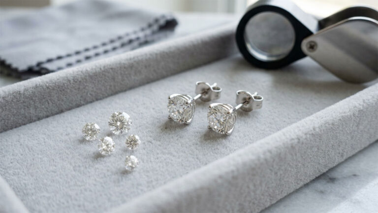 Diamond stud earrings with loose stones and a jeweller's loupe on a grey tray.