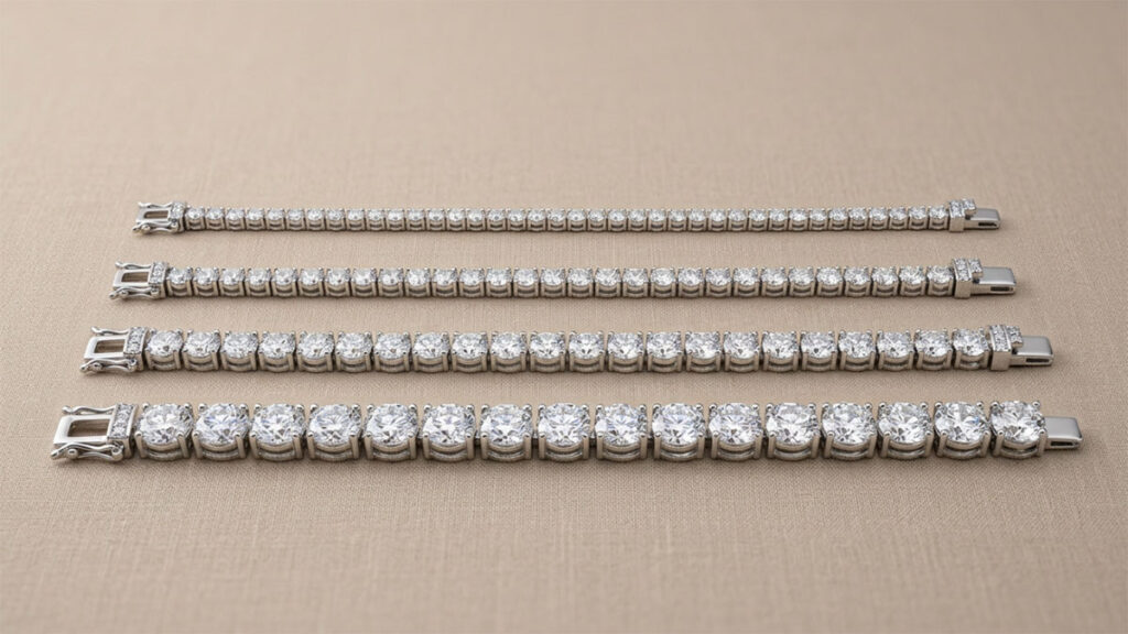 Four diamond tennis bracelets with increasing stone sizes on a linen surface.