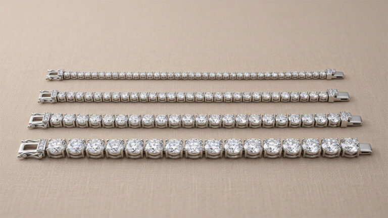Four diamond tennis bracelets with increasing stone sizes on a linen surface.