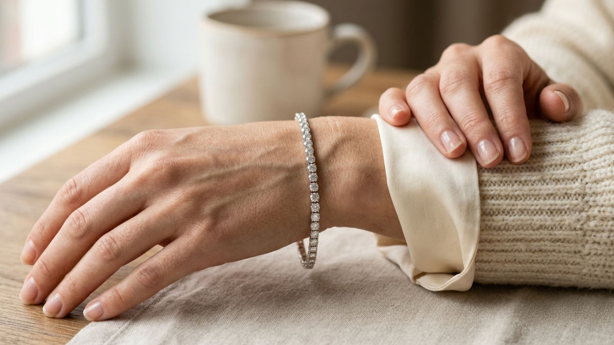 Lab-grown diamond tennis bracelet worn on wrist in everyday styling