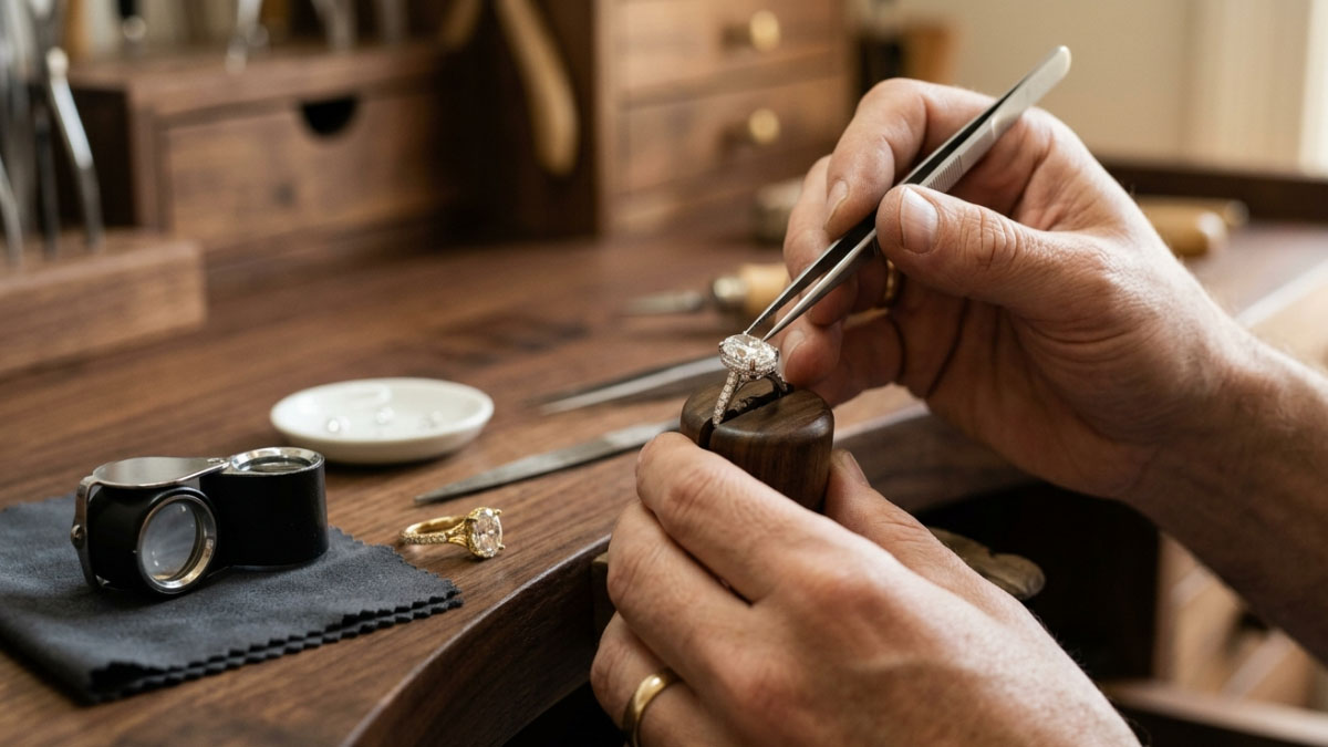 Oval diamond ring setting craftsmanship with prong adjustment and alignment check
