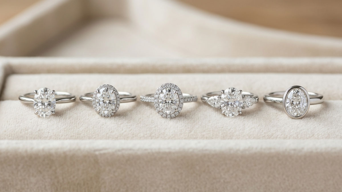 Oval diamond ring setting styles including solitaire hidden halo halo three-stone and bezel