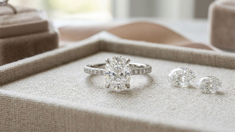 An oval diamond engagement ring with a pavé band displayed on a ring box.