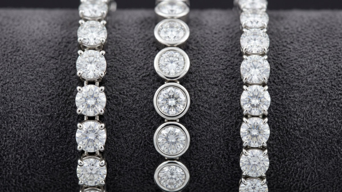 Lab-grown diamond tennis bracelet setting style comparison with prong bezel and shared prong settings