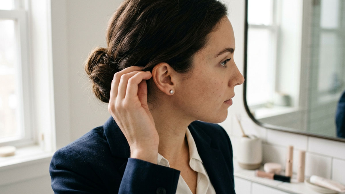 Small diamond stud earrings worn as a subtle workday detail
