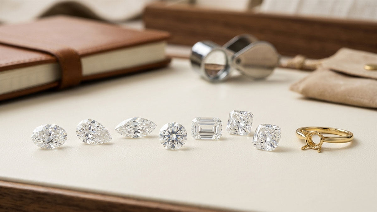 Different lab grown diamond shapes arranged beside a ring setting.