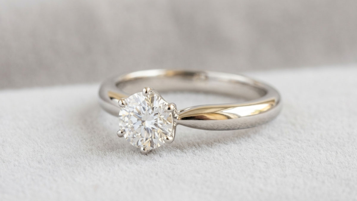 White gold diamond ring showing polished metal and subtle warm reflections.