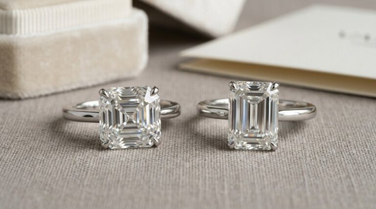 An Asscher cut and an emerald cut diamond ring side by side on linen fabric.
